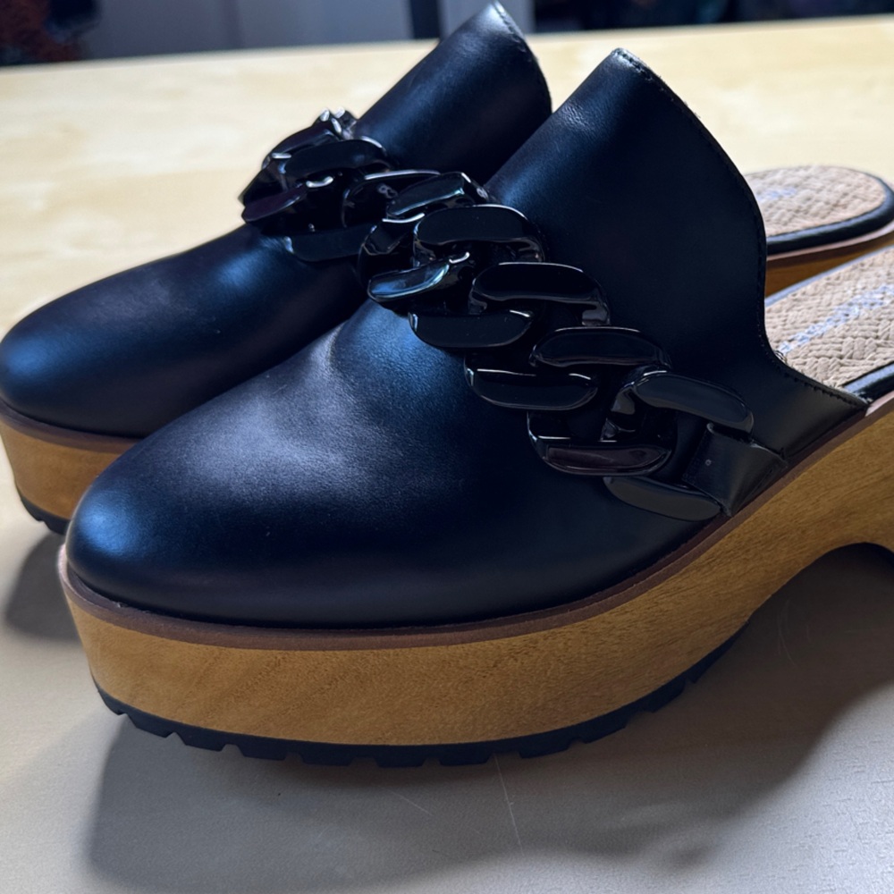 Kelsi Dagger Women’s Black Leather Clogs Mules with Wooden Platform